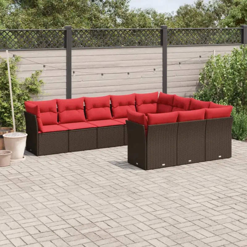 Lounge tuinset met bruin poly rattan en gepoedercoat staal - Bruin en rood / Zonder tafel - Tuinsets