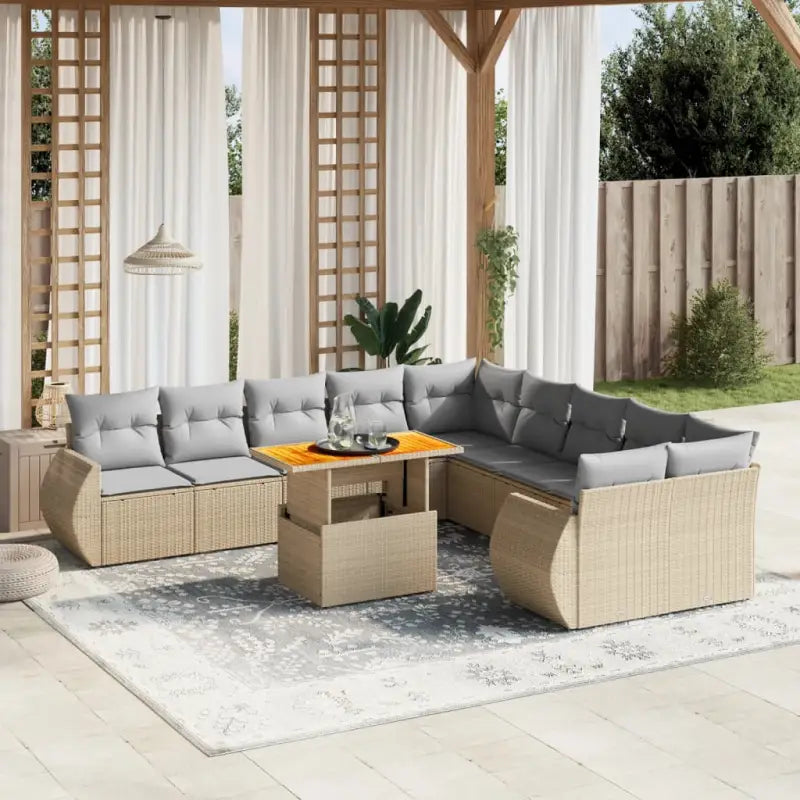 Lounge Tuinset met zwart materiaal en gepoedercoat staal afmetingen - Beige en grijs / 4x hoek + 6x midden + Tafel