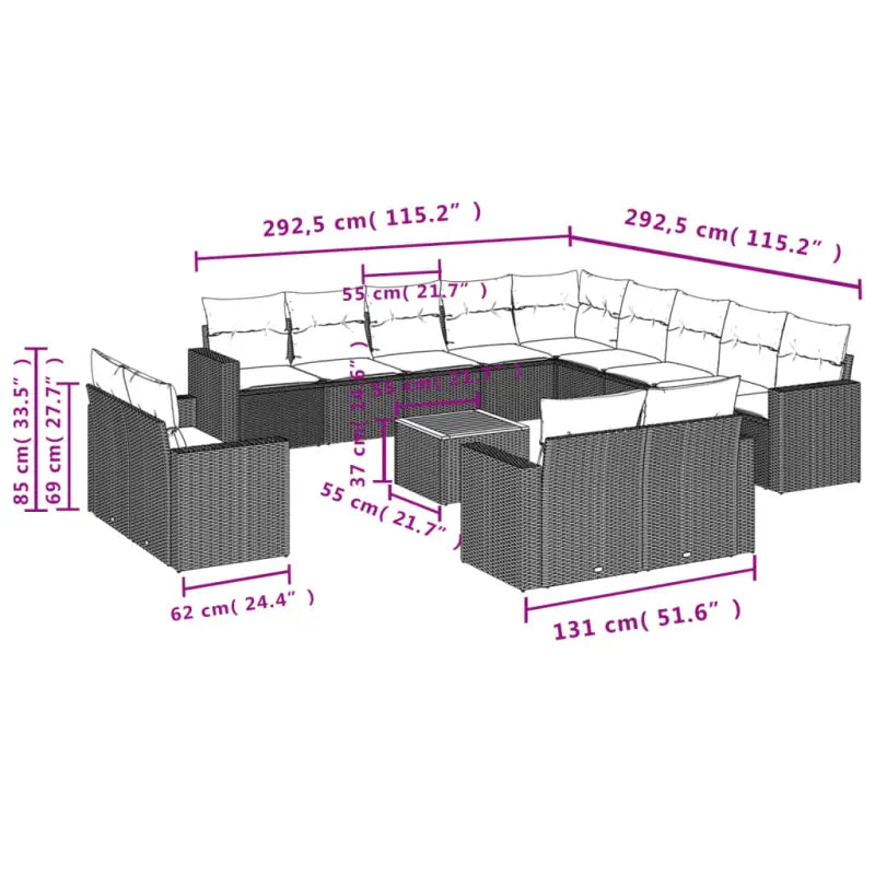 Lounge tuinset van grijs materiaal en gepoedercoat staal afmetingen - Tuinsets