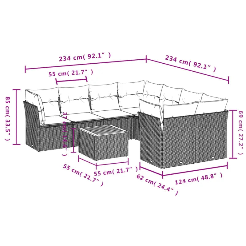 Lounge tuinset van poly rattan en gepoedercoat staal met afmetingen - Tuinsets