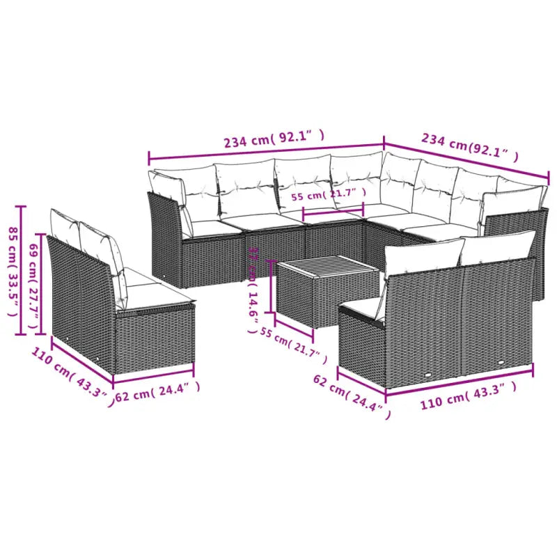 Lounge tuinset van poly rattan en gepoedercoat staal met ideale afmetingen - Grijs - Tuinsets