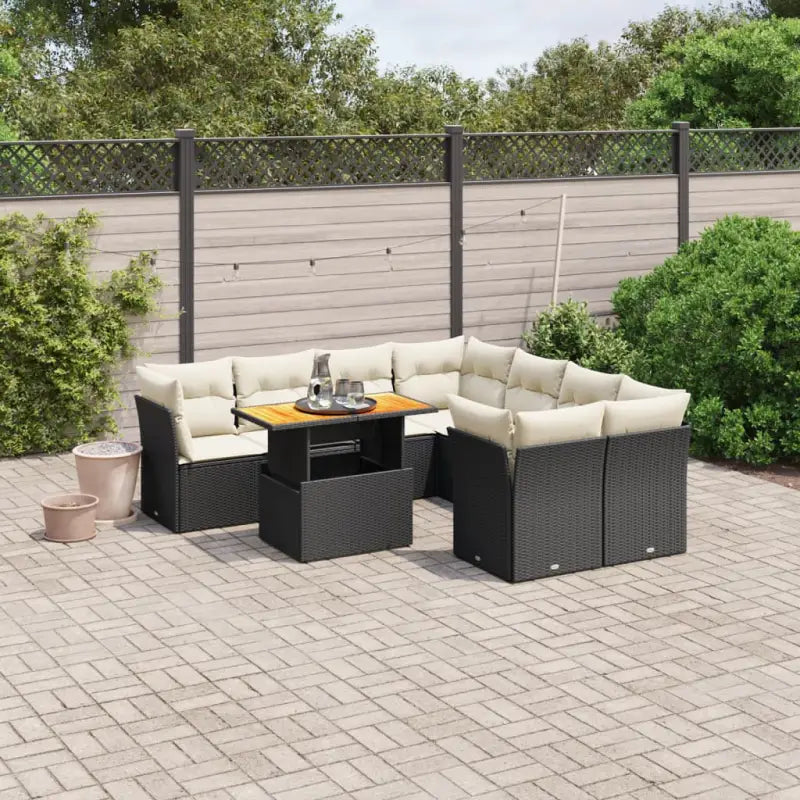 Lounge tuinset van zwart materiaal en gepoedercoat staal met afmetingen - Zwart en crème / 4x midden + 4x hoek + Tafel