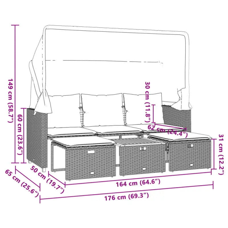 Loungebank met luifel en voetenbanken van poly rattan met gepoedercoat staal - Loungebanken