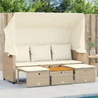 Loungebank met luifel en voetenbanken van poly rattan met gepoedercoat staal - Loungebanken