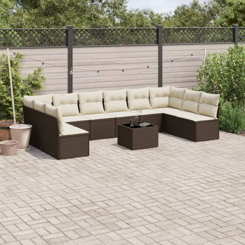 Loungebank met poly rattan en gepoedercoat staal voor de tuin - Bruin en crème / Met tafel - Tuinsets