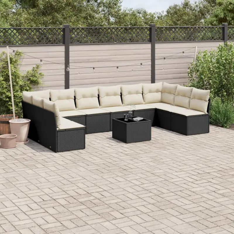 Loungebank met poly rattan en gepoedercoat staal voor de tuin - Zwart en crème / Met tafel - Tuinsets