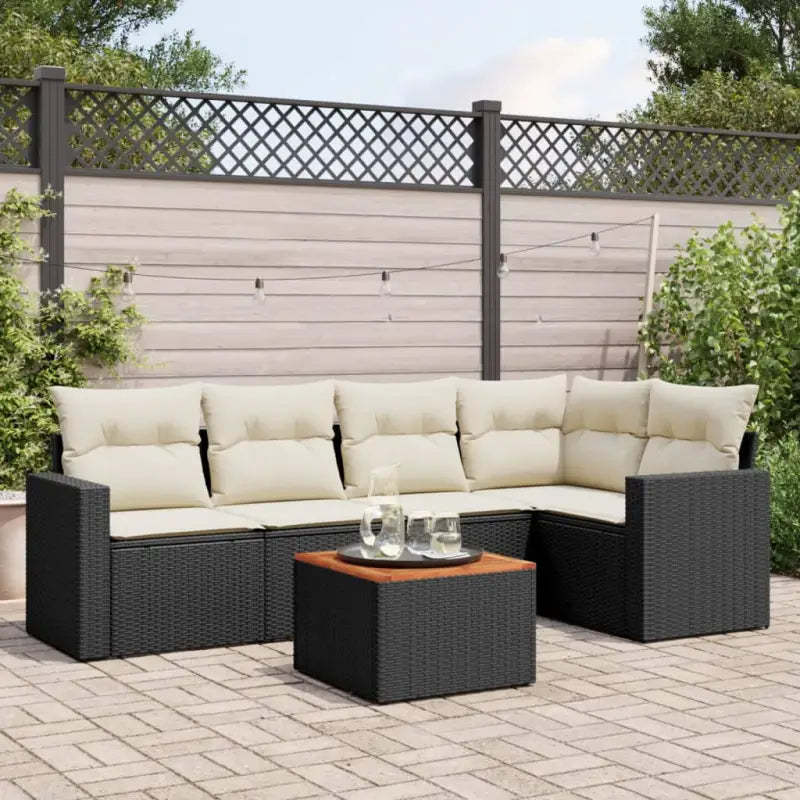 Loungebank van gemengd beige materiaal voor tuin of terras - Zwart en crème / hoek + 2x midden + Tafel - Tuinsets