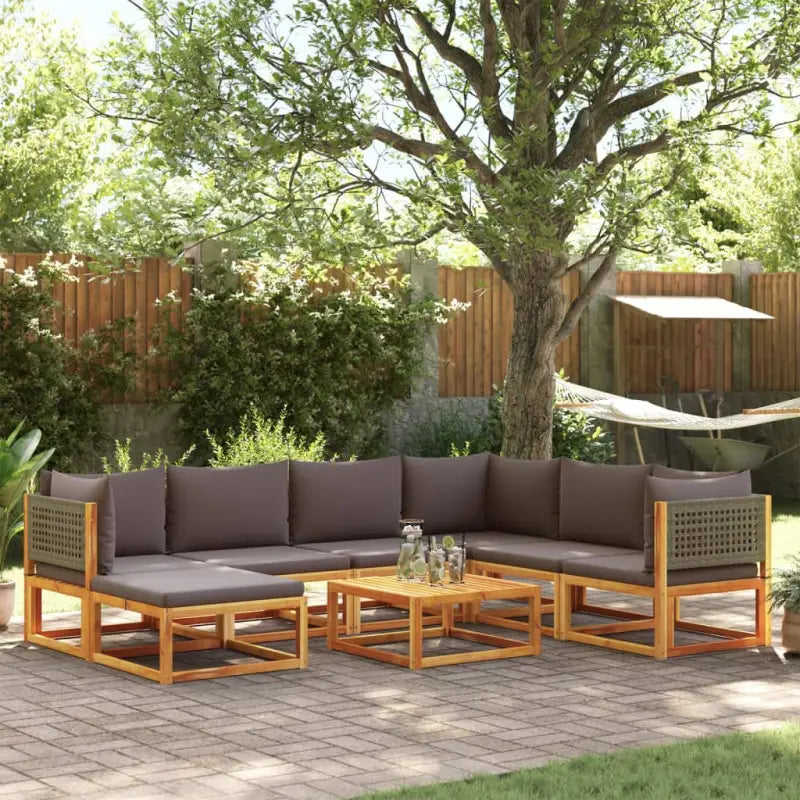 Loungebank van massief acaciahout met kleur per rattan en comfortabele rugkussens - Grijs / 3x hoek + 3x midden
