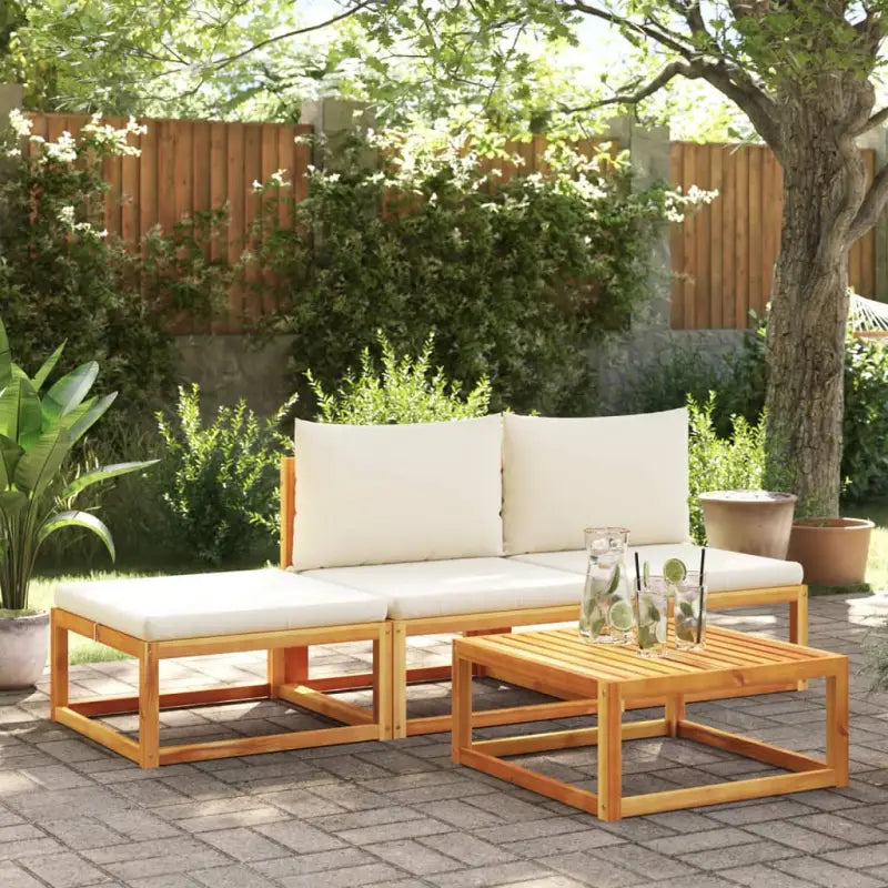 Loungebank van massief acaciahout met kleur per rattan en comfortabele rugkussens - Zwart en crème / 2x midden
