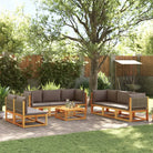 Loungebank van massief acaciahout met kleur per rattan en comfortabele rugkussens - Grijs / 4x hoek + 4x midden + Tafel