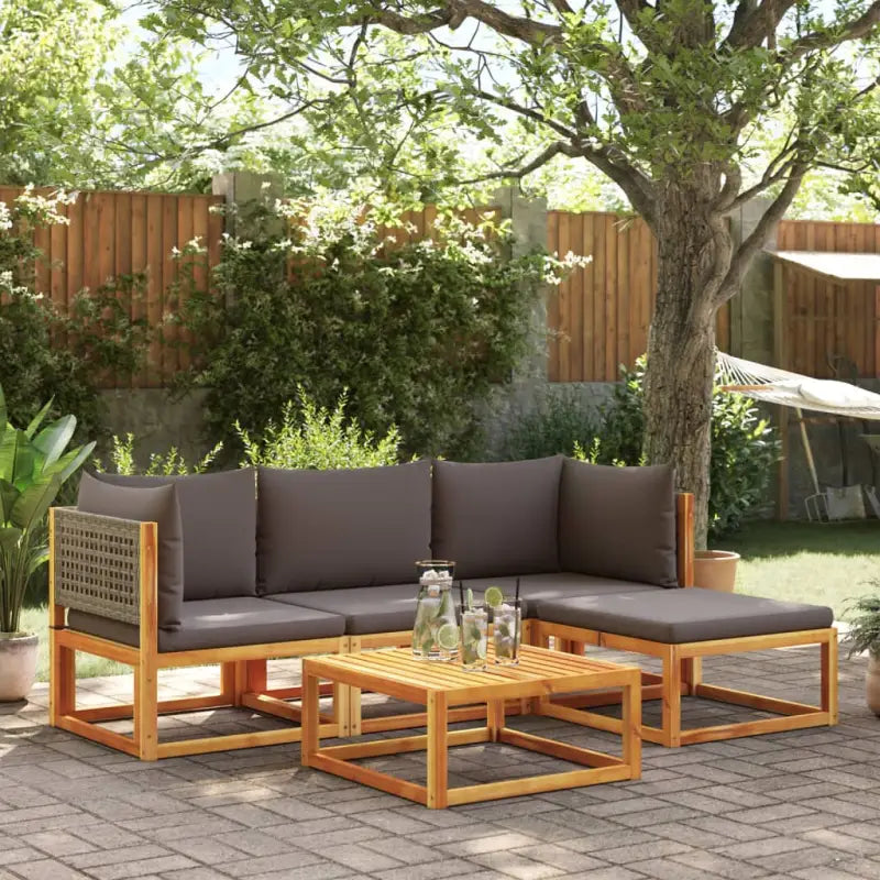 Loungebank van massief acaciahout met kleur per rattan en comfortabele rugkussens - Grijs / 2x hoek + midden