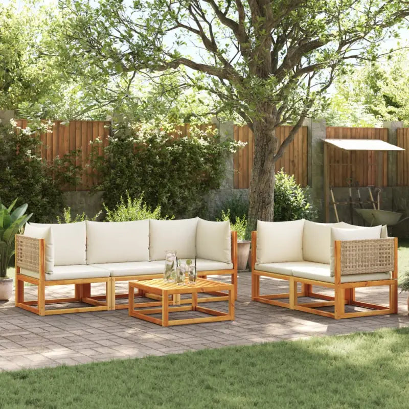 Loungebank van massief acaciahout met kleur per rattan en comfortabele rugkussens - beige en crèmekleurig / 4x hoek