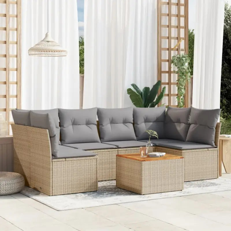 Loungebank van poly rattan en gepoedercoat staal voor tuin of terras - Beige en grijs / 2x corner + table + 4x middle