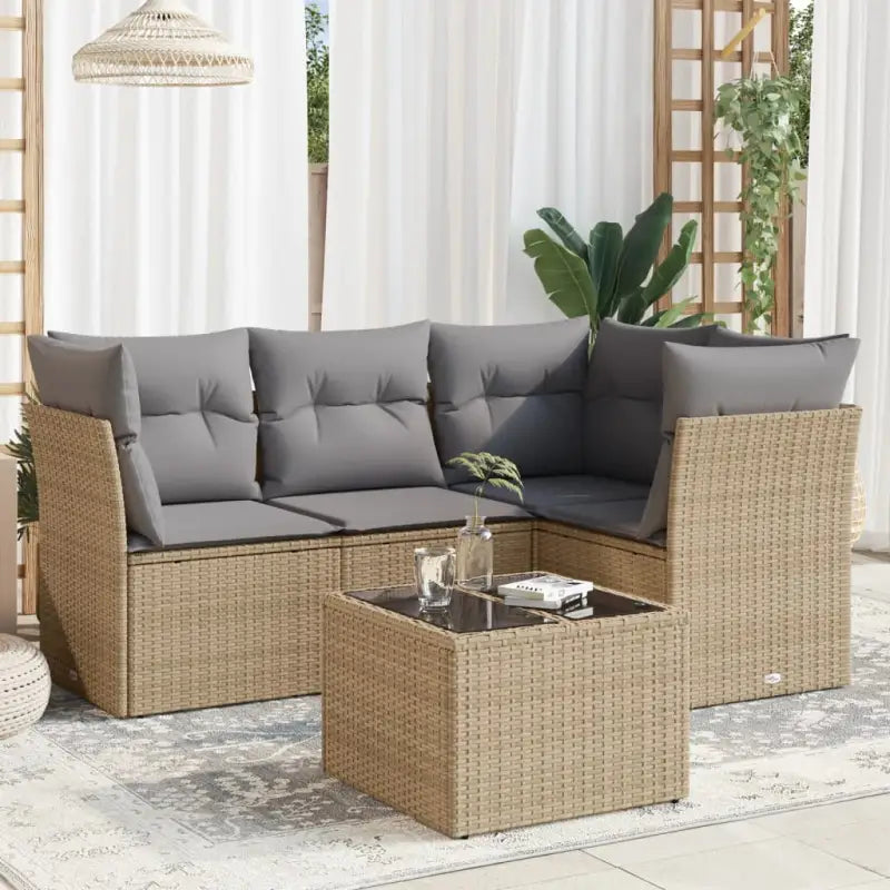 Loungebank van poly rattan met comfortabele zitervaring en gepoedercoat staal - Beige en grijs / Met tafel - Tuinsets