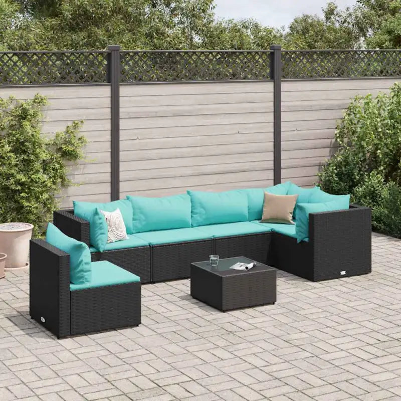 Loungebank van poly rattan met gepoedercoat staal en afmetingen rugkussen - Zwart en blauw / 3x hoek + 3x midden