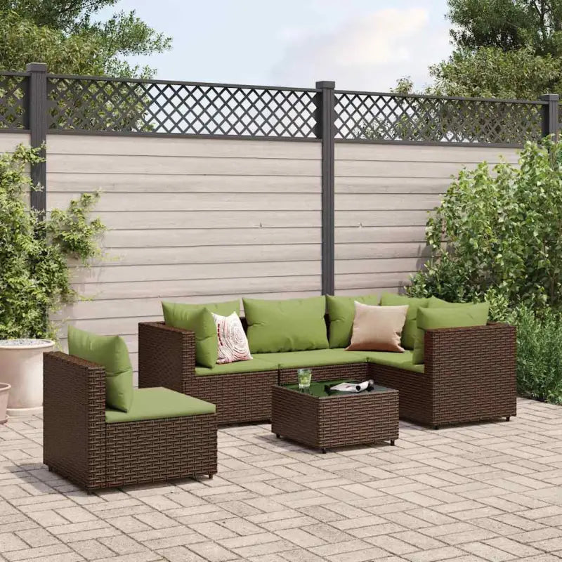 Loungebank van poly rattan met gepoedercoat staal en afmetingen rugkussen - Bruin en groen / 3x hoek + 2x midden