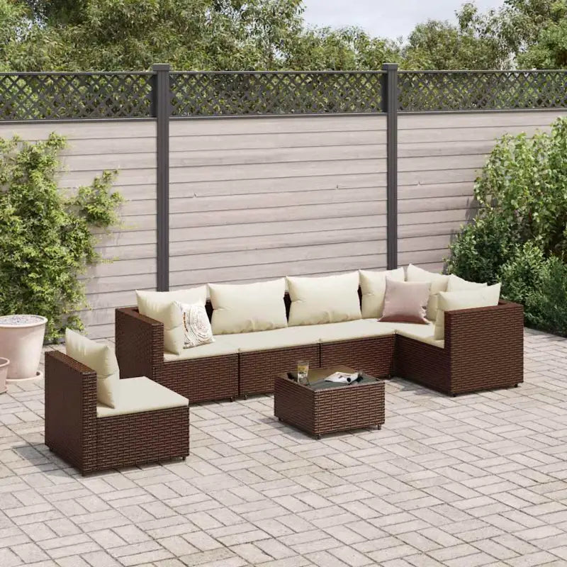 Loungebank van poly rattan met gepoedercoat staal en afmetingen rugkussen - Bruin en crème / 3x hoek + 3x midden
