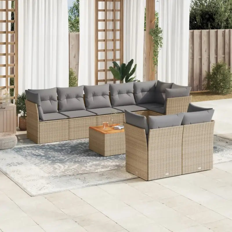 Loungebank van poly rattan met gepoedercoat staal en perfecte afmetingen - Beige en grijs / Tafel + 5x hoek + 3x midden