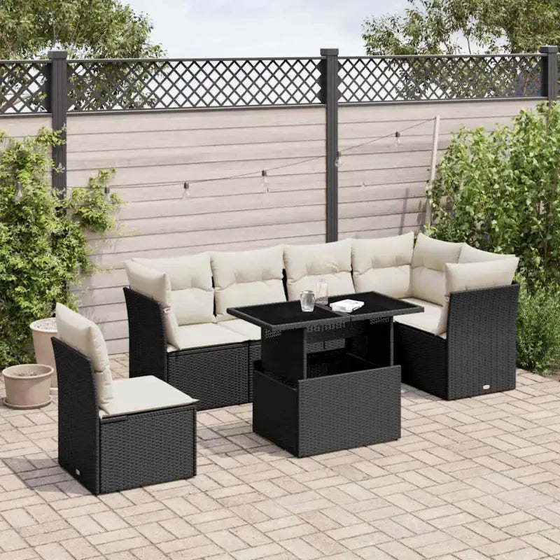 Loungebank voor de tuin met beige materiaal en gepoedercoat staal - Zwart en crème / Met tafel - Tuinsets