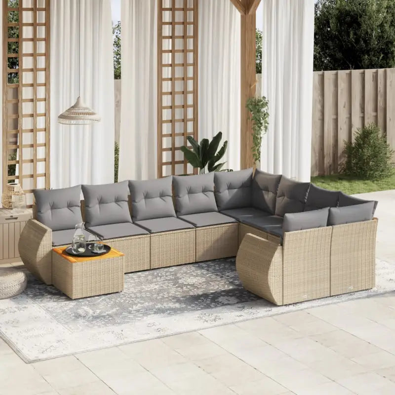 Loungebank voor tuin met beige materiaal en gepoedercoat staal - Beige en grijs / Tafel + 2x hoek + 5x midden - Tuinsets