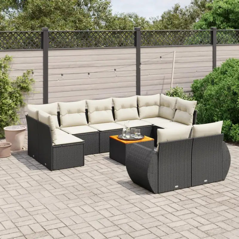 Loungebank voor tuin met beige materiaal en gepoedercoat staal - Zwart en crème / Tafel + 5x midden + 2x hoek - Tuinsets