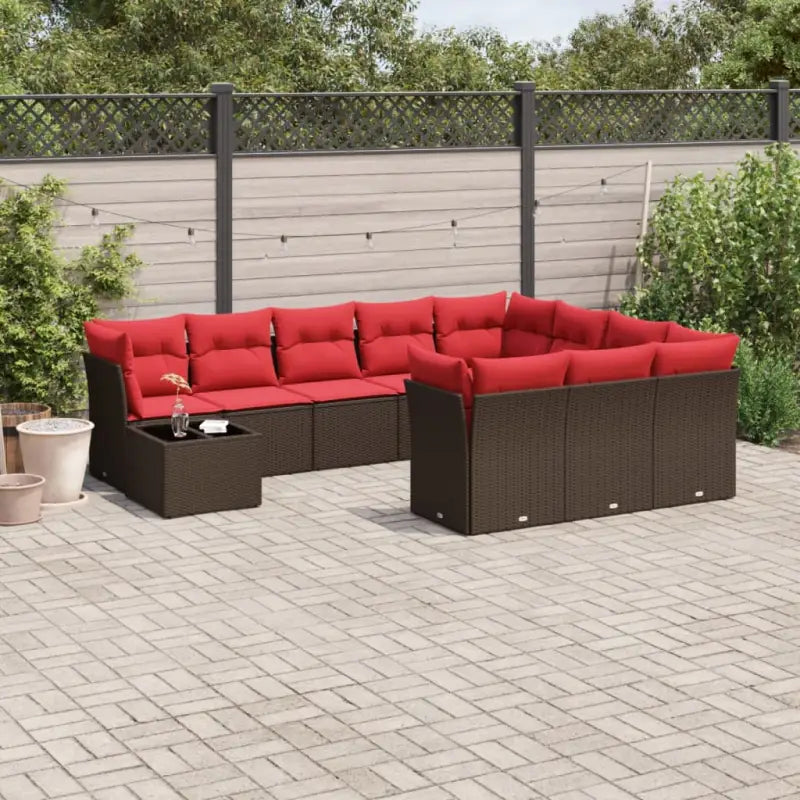 Loungebank voor tuin met poly rattan en zwart materiaal - Bruin en rood - Tuinsets
