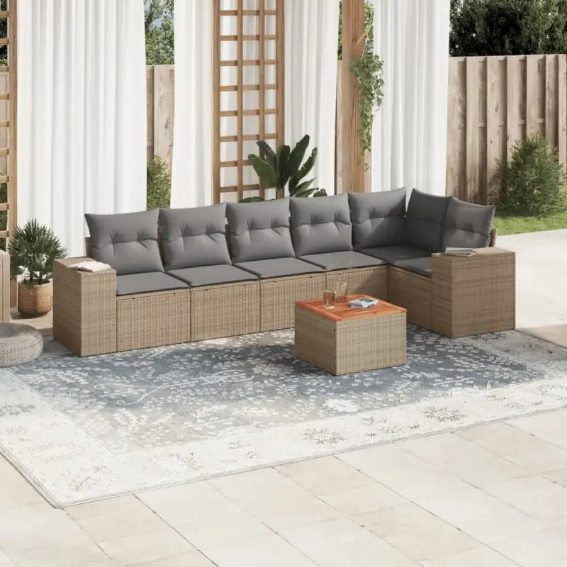 Loungebank voor tuin met zwart materiaal en gepoedercoat staal - Beige en grijs / Tafel + hoek + 3x midden - Tuinsets