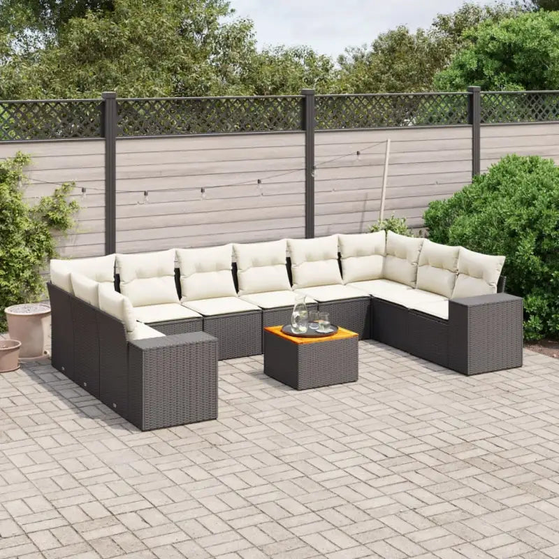 Loungebank voor tuin of terras met zwart materiaal en gepoedercoat staal - Zwart en crème / 2x hoek + 6x midden + Tafel