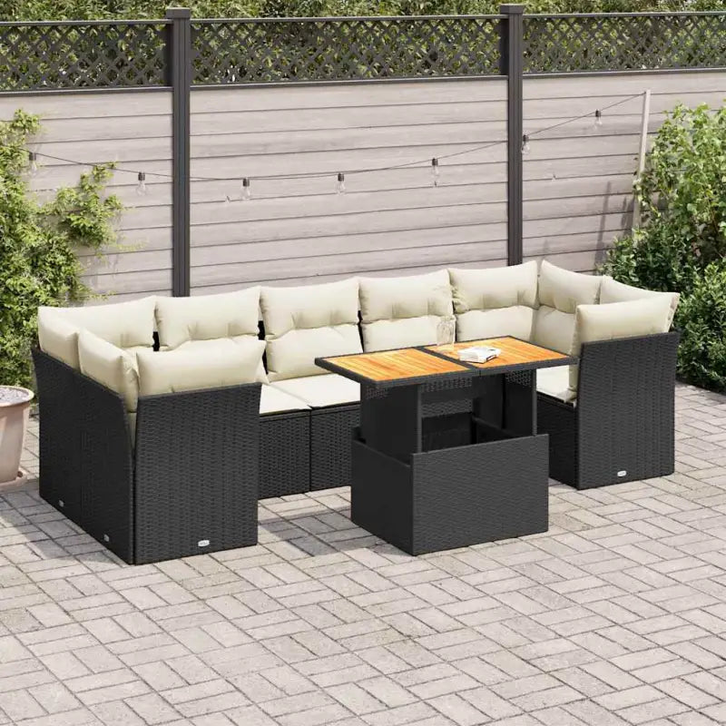 Loungebank voor tuin of terras met zwart materiaal en gepoedercoat staal - Zwart en crème / 4x hoek + 3x midden + Tafel