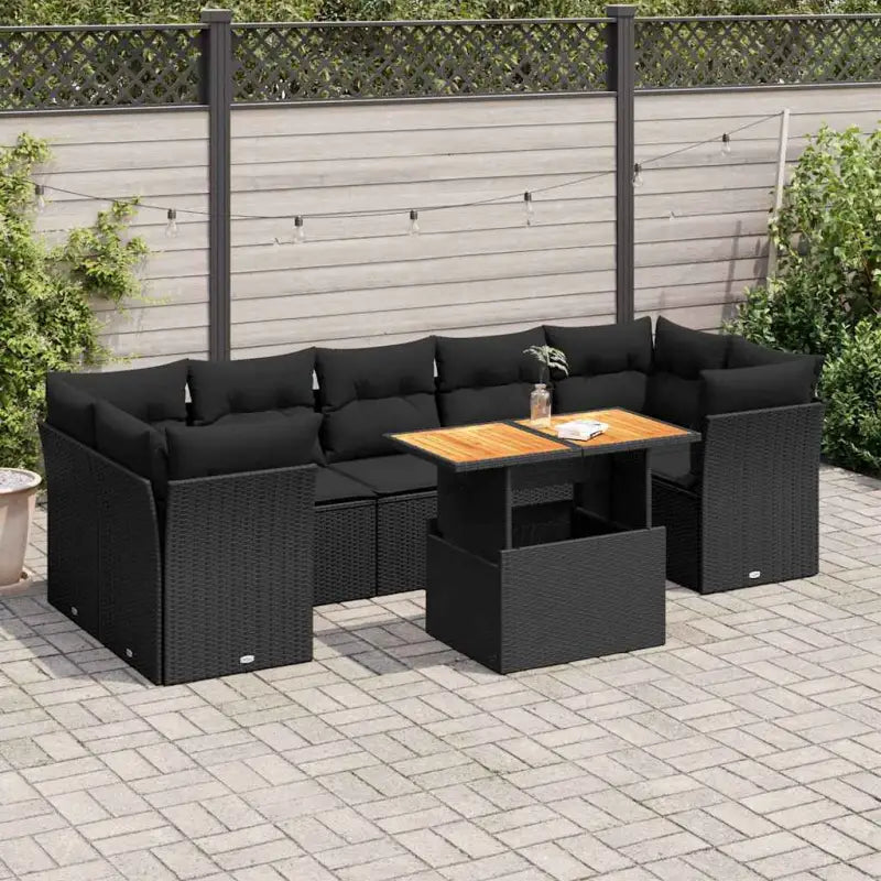 Loungebank voor tuin of terras met zwart materiaal en gepoedercoat staal - Zwart / 4x hoek + 3x midden + Tafel
