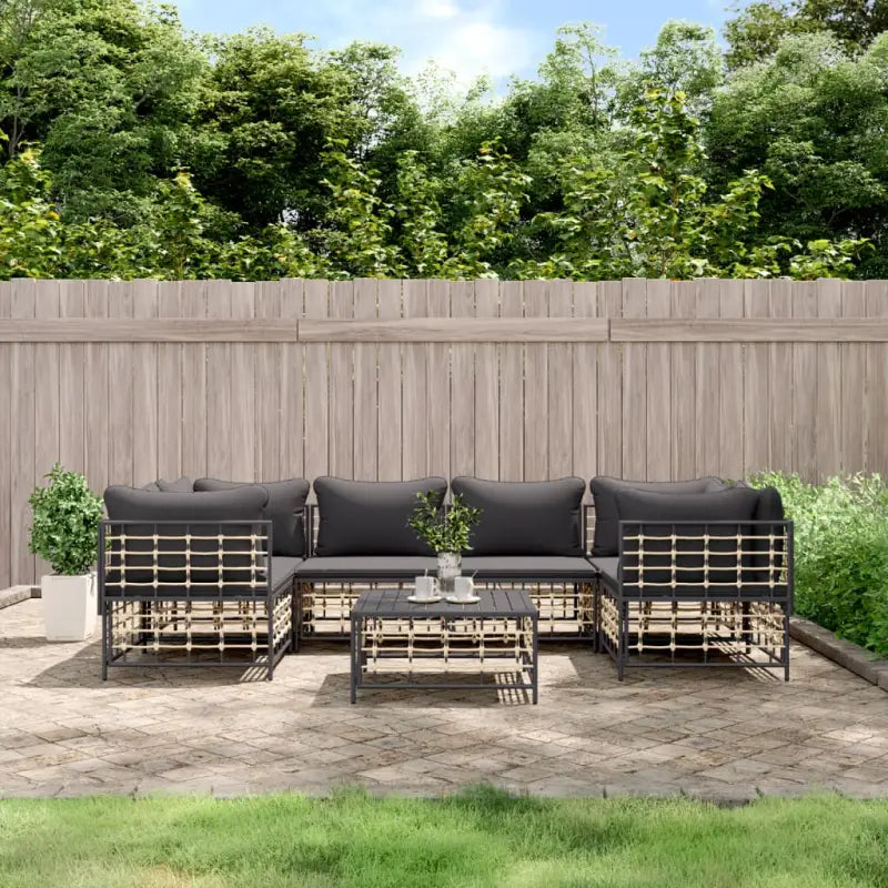 Loungebanken in poly rattan en antraciet materiaal voor buitengebruik - 1 / Donkergrijs / 4x hoek + 2x midden + Tafel