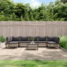 Loungebanken in poly rattan en antraciet materiaal voor buitengebruik - 1 / Donkergrijs / 2x hoek + 5x midden + Tafel