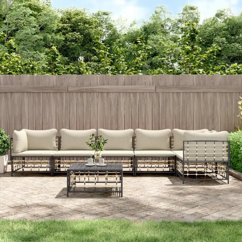 Loungebanken in poly rattan met antraciet materiaal en gepoedercoat staal - 1 / Beige / 3x hoek + 3x midden + Tafel