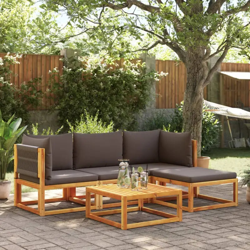 Loungebanken van massief acaciahout met comfortabele zit- en rugkussens - Grijs / 1 / 2x hoek + midden + voetensteun