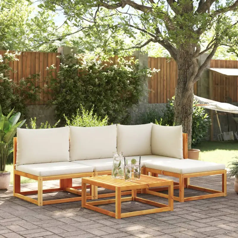 Loungebanken van massief acaciahout met comfortabele zit- en rugkussens - Crème / 1 / hoek + 2x midden + voetensteun