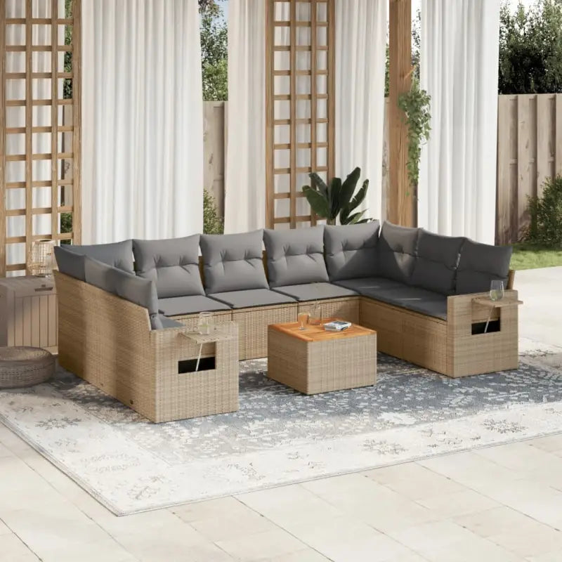 Loungeset in gemengd beige materiaal voor je tuin of terras - Beige en grijs / 5x midden + Tafel + 2x hoek - Tuinsets