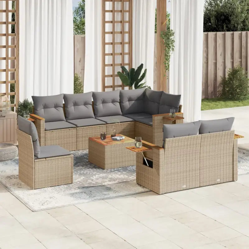 Loungeset in zwart materiaal met gepoedercoat staal en comfortabele afmetingen - Beige en grijs / Met tafel - Tuinsets