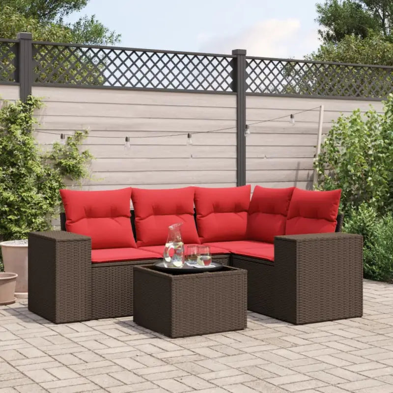 Loungeset met bruin materiaal en gepoedercoat staal voor buitengebruik - Bruin en rood / Met tafel - Tuinsets