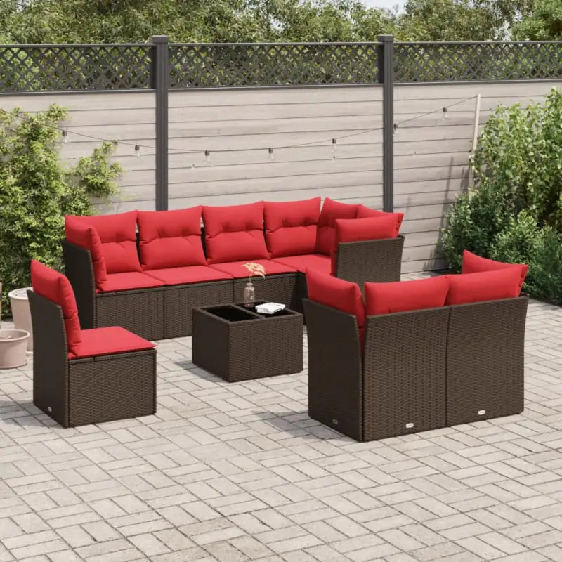 Loungeset met poly rattan en bruin materiaal voor tuin of terras - Bruin en rood / Met tafel - Tuinsets