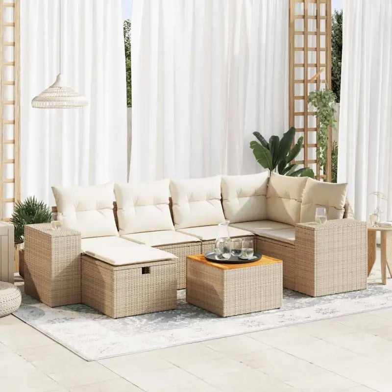 Loungeset van beige materiaal en gepoedercoat staal voor tuin | Afmetingen - beige en crèmekleurig / met opbergruimte