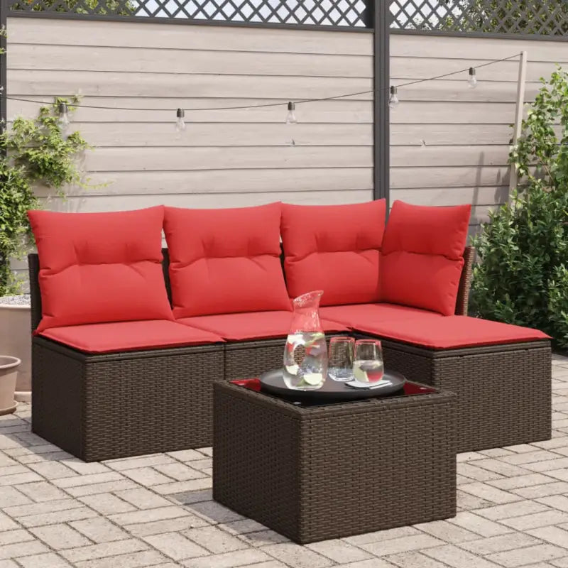 Loungeset van bruin materiaal met gepoedercoat staal en afmetingen - Bruin en rood / Met tafel - Tuinsets