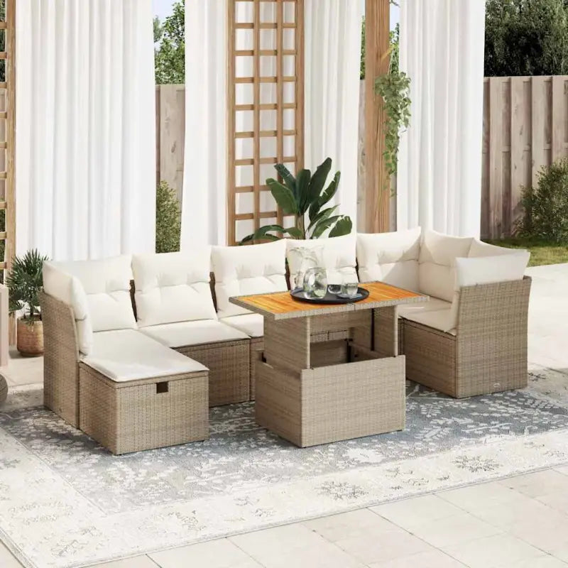 Loungeset van zwart materiaal en gepoedercoat staal voor buiten - beige en crèmekleurig / Tafel + 3x hoek + 3x midden