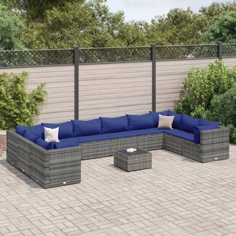 Loungeset voor tuin met grijs materiaal en gepoedercoat staal - Grijs en blauw / 4x hoek + 6x midden + Tafel - Tuinsets
