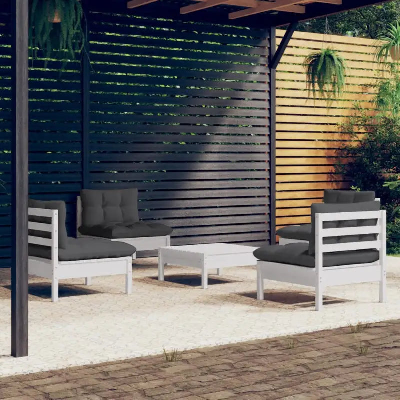 Loungetafel en banken van massief grenenhout met voetenbank - Wit - Tuinsets