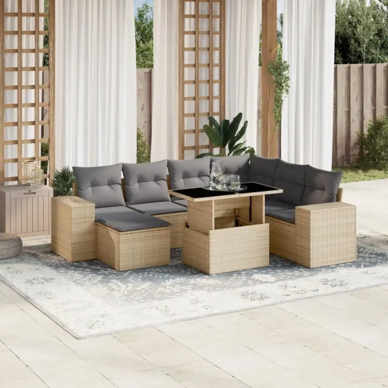 Loungetuina set met beige materiaal en gepoedercoat staal afmetingen - Beige en grijs / Met tafel - Tuinsets