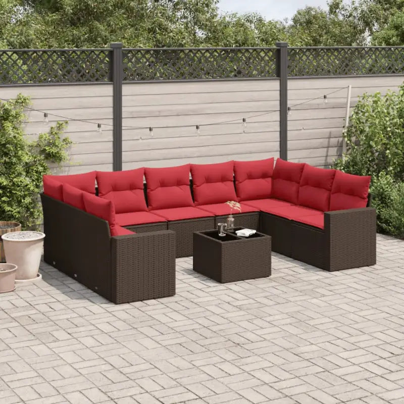 Loungetuinset in bruin materiaal van gepoedercoat staal met afmetingen - Bruin en rood / Met tafel - Tuinsets