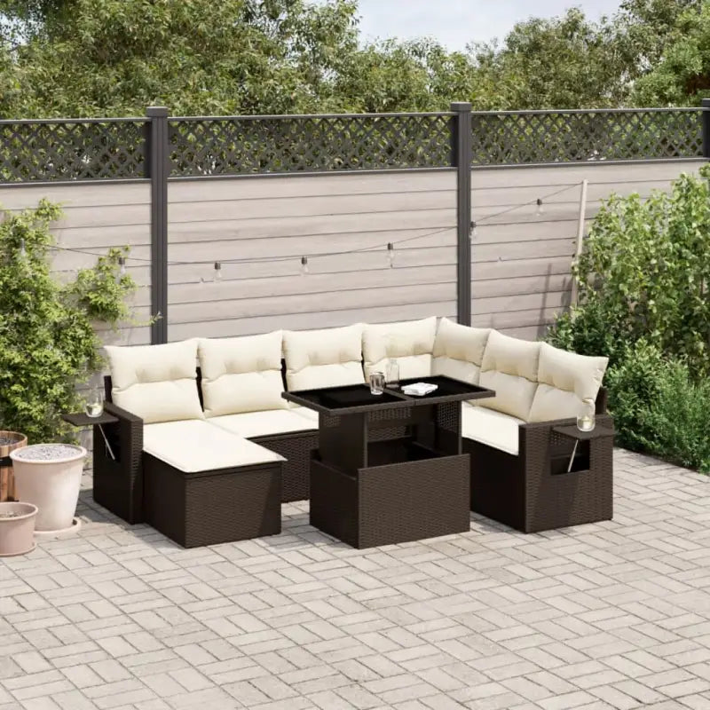 Loungetuinset met beige materiaal en gepoedercoat staal afmetingen - Bruin en crème / Met tafel - Tuinsets