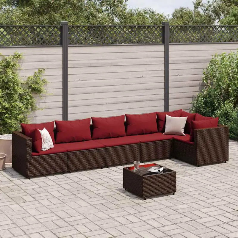 Loungetuinset met bruin materiaal en gepoedercoat staal voor buitengevoel - Bruin en rood / 3x hoek + 3x midden + Tafel