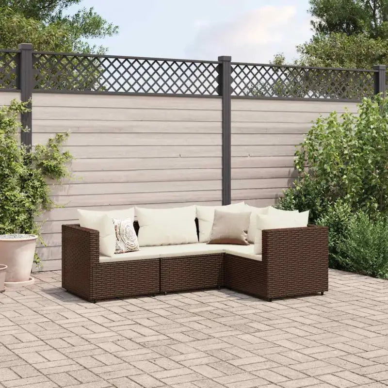 Loungetuinset met bruin materiaal en gepoedercoat staal voor buitengevoel - Bruin en crème / 3x hoek + midden - Tuinsets