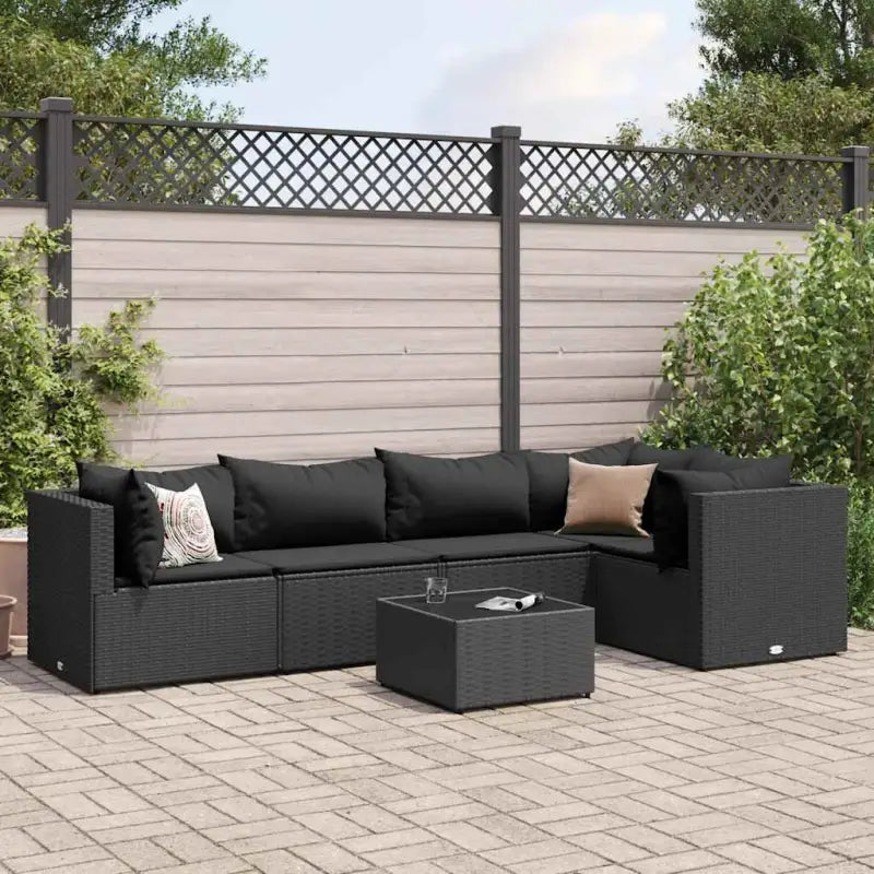 Loungetuinset met bruin materiaal en gepoedercoat staal voor buitengevoel - Zwart / 2x hoek + 2x midden + Tafel